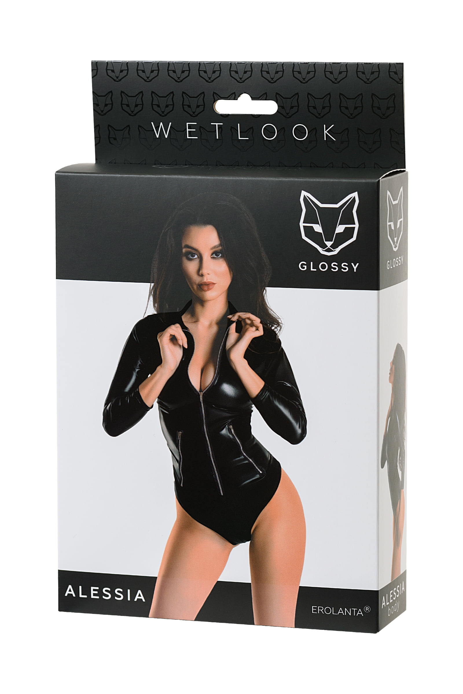 Glossy Alessia Bodysuit, Wetlook malzemeden fermuarlı, siyah, M - Görsel 6