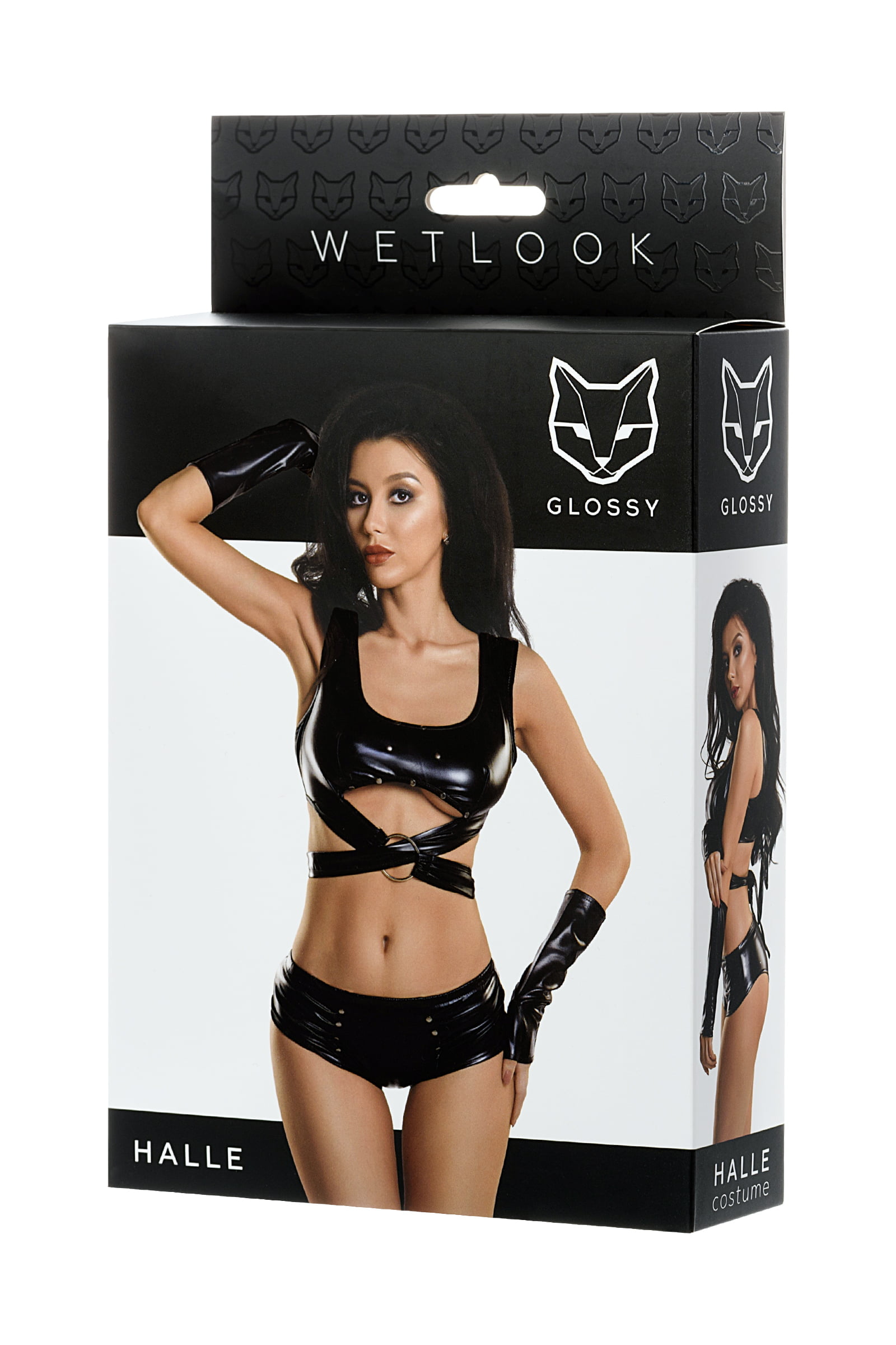 Glossy HALLE Deri Büstyer, Mini şort ve Eldiven Seti, Wetlook , siyah, S - Görsel 5